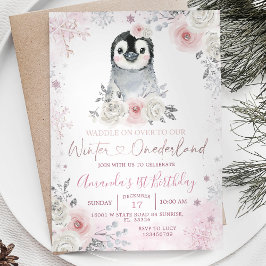 Penguin Winter Pastel Rosa Flowers Birthday Inbjudningar