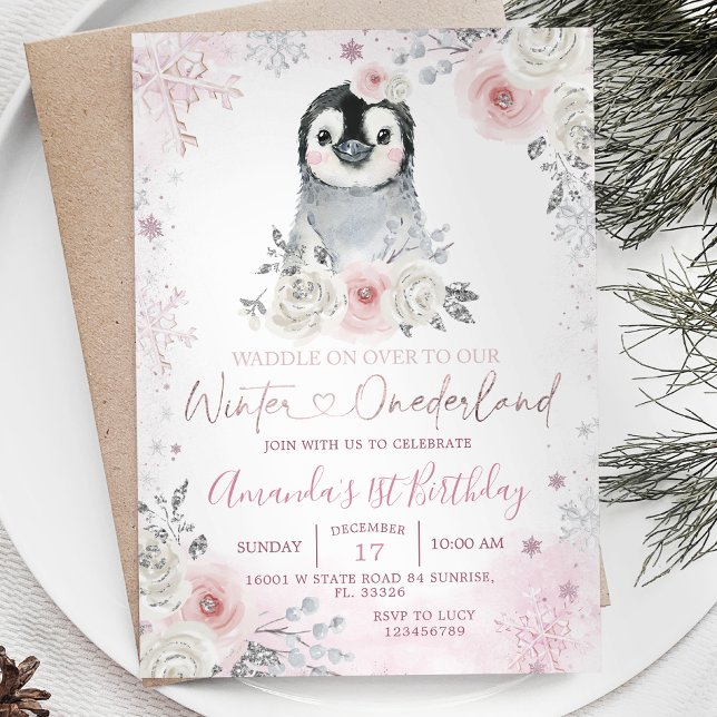 Penguin Winter Pastel Rosa Flowers Birthday Inbjudningar (Skapare uppladdad)