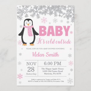 Penguin Winter Rosa Girl Baby Shower Snöflake Inbjudningar