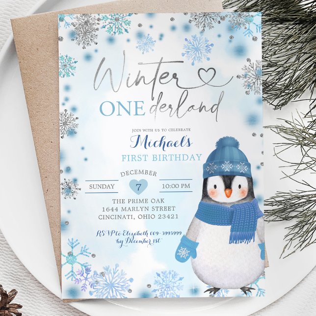 Penguin Winter Snöflingor Onederland Birthday Inbjudningar (Skapare uppladdad)