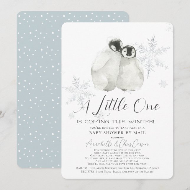 Penguin Winter Snowflake Blue Baby Shower by Mail Inbjudningar (Fram/baksida)