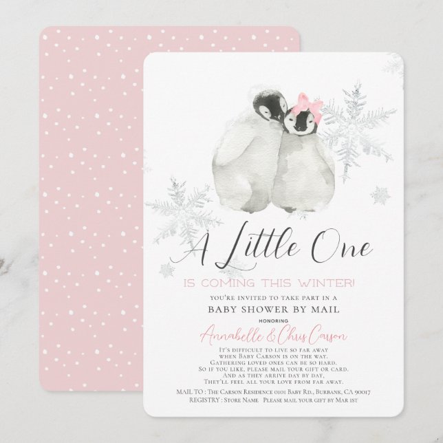 Penguin Winter Snowflake Rosa Baby Shower by Mail Inbjudningar (Fram/baksida)