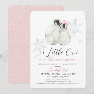Penguin Winter Snowflake Rosa Virtuell Baby Shower Inbjudningar