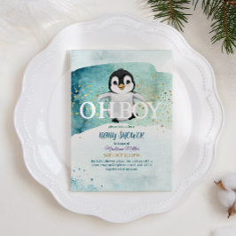 Penguin Winter Theme Cute Pojke Shower Inbjudningar