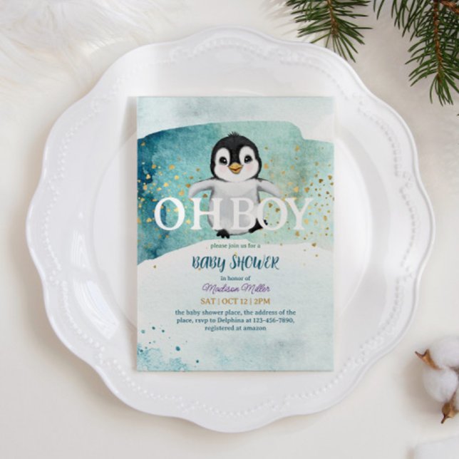 Penguin Winter Theme Cute Pojke Shower Inbjudningar (Skapare uppladdad)