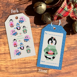 Penguin with Figgy Pudding Holiday Blue Gift Tag Presentetikett