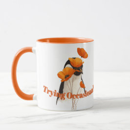 Penguin with Orange Poppy Flowers Botanical Art T- Mugg