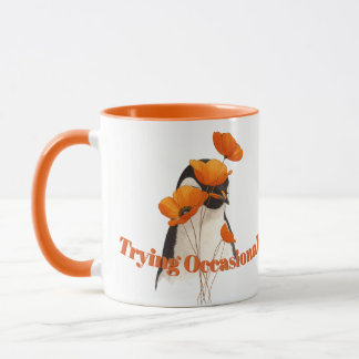Penguin with Orange Poppy Flowers Botanical Art T- Mugg