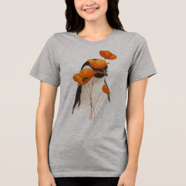 Penguin with Orange Poppy Flowers Botanical Art T- T Shirt