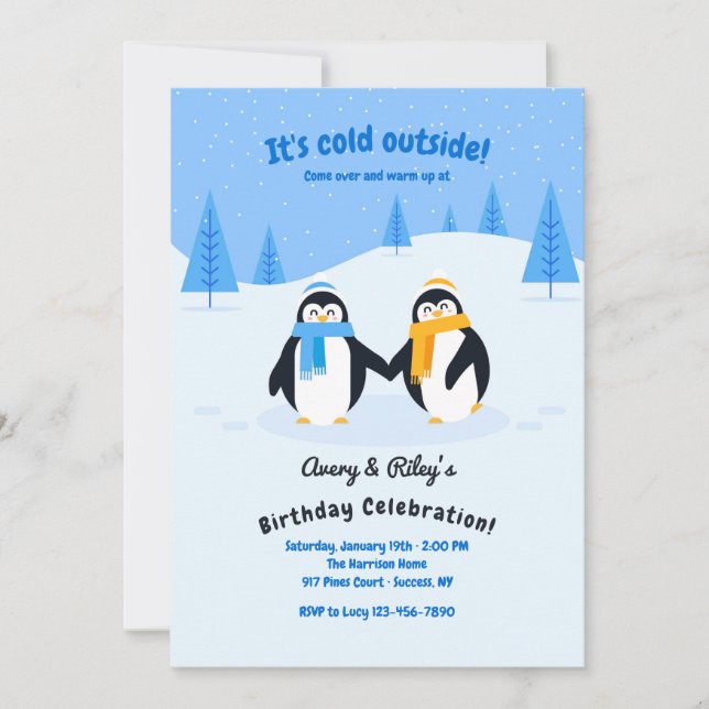 Penguiner i Födelsedagsfesten Snö Inbjudningar (Framsida)