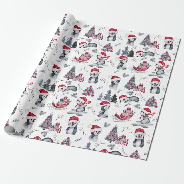 Penguiner i Santa Hats Winter Scene Mönster  Presentpapper (Utrullad)