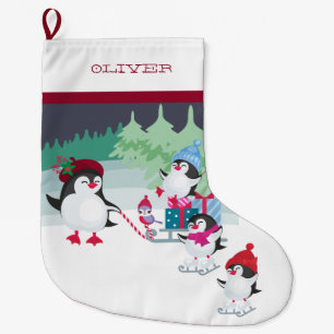 Penguiner med Sleigh-fullt av julklappar Stor Julstrumpa