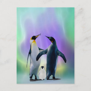 Penguiner och baby i Aurora borealis Vykort