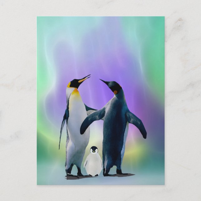 Penguiner och baby i Aurora borealis Vykort (Framsida)