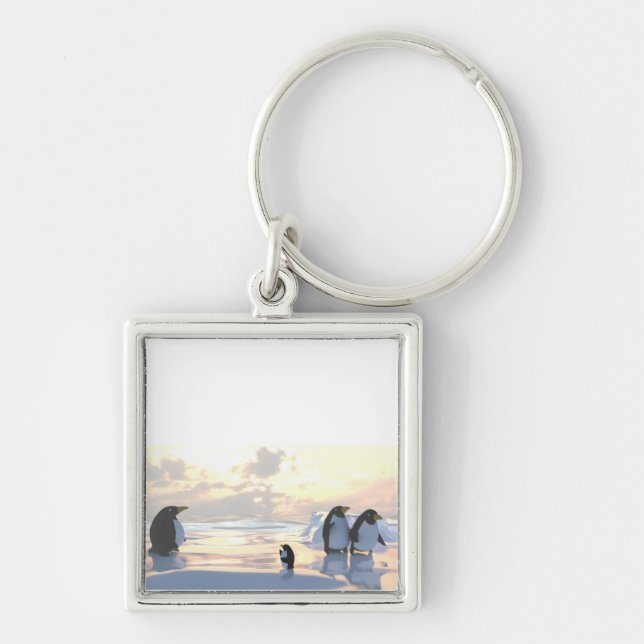 Penguiner som kyler på isflott fyrkantig silverfärgad nyckelring (Framsidan)