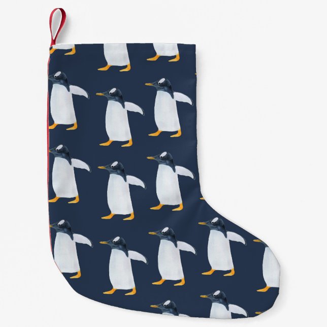 Penguiner: Vattenfärg med liten Mörk Julstrumpa (Framsidan)