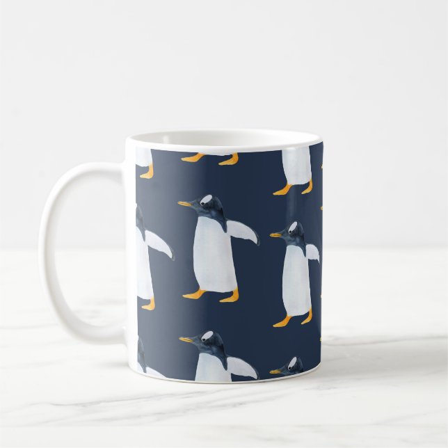 Penguiner: Vattenfärg med liten Mörk Kaffemugg (Vänster)
