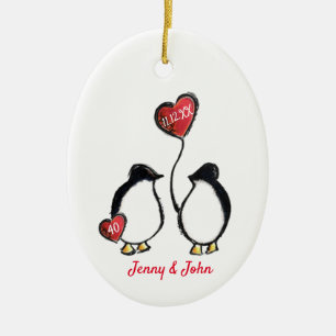 Penguins 40:e ruby bröllop-årsdag julgransprydnad keramik