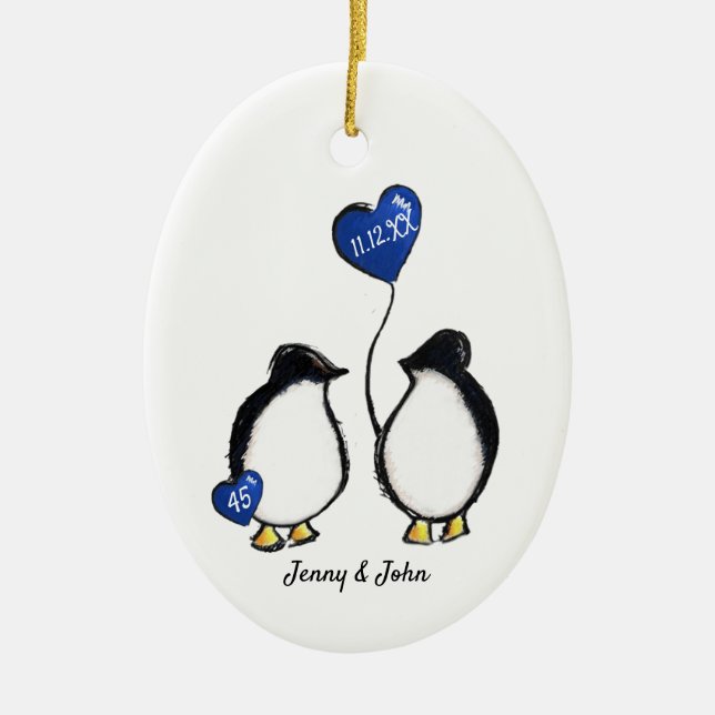 Penguins 45:e safir bröllop-årsdag julgransprydnad keramik (Framsidan)
