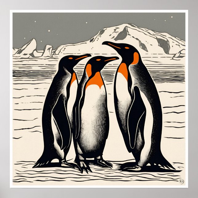 Penguins - Archival Woodblock Skriv ut Poster (Framsidan)