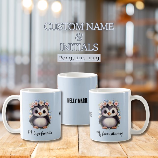 Penguins Bilingual Mi Taza Favorita Spain Blue Kaffemugg (My favourite mug blue cute penguins, bilingual text, Spanish mi taza favorita. Multilingual project)