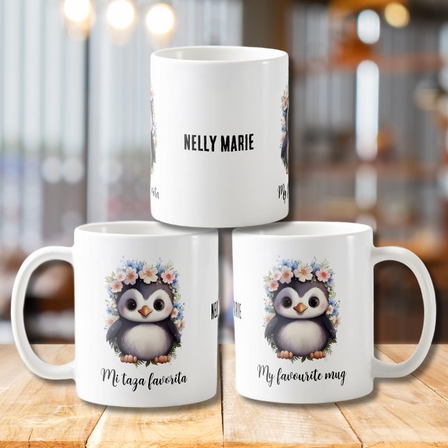 Penguins Bilingual Mi Taza Favorita Spain White Kaffemugg (My favourite mug white cute penguins, bilingual text, Spanish mi taza favorita. Multilingual project)