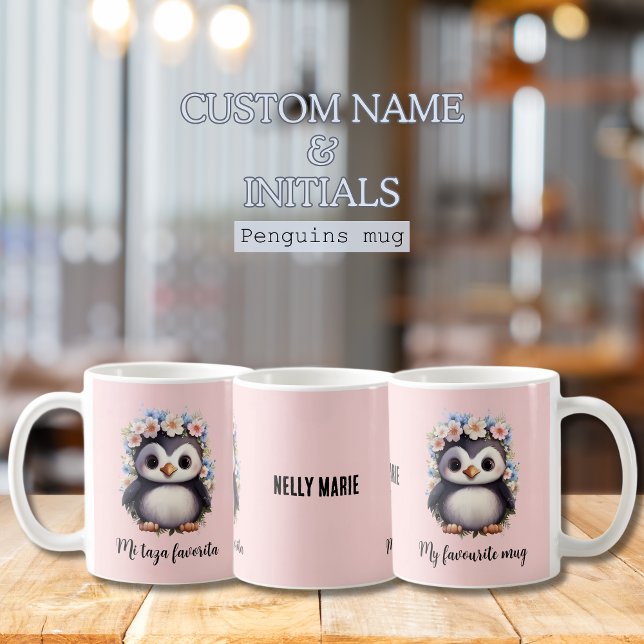 Penguins Bilingual Mi Taza Favorita Spansk Rosa Kaffemugg (My favourite mug pink cute penguins, bilingual text, Spanish mi taza favorita. Multilingual project)