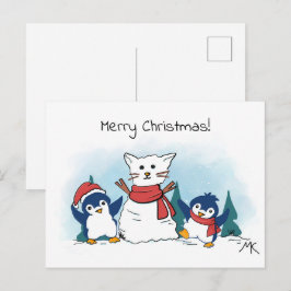 Penguins building a snowman christmas  helg vykort