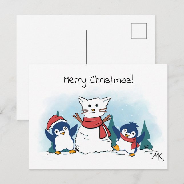 Penguins building a snowman christmas  helg vykort (Fram/baksida)