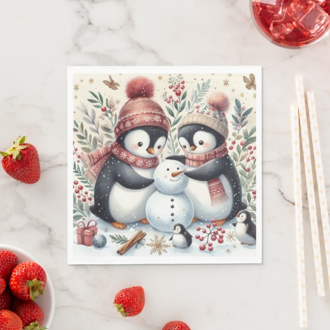 Penguins Byggnad A Snögubbe Pappersservett (Insitu)