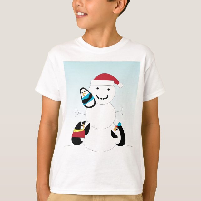 Penguins Byggnad Snögubbe Winter T Shirt (Framsida)
