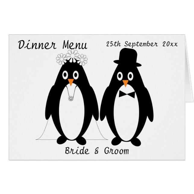 Penguins Design Bröllop Middag Menu OBS Kort (Framsidan Horizontal)