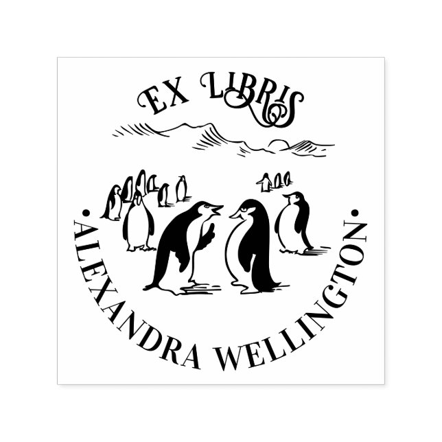 Penguins Ex Libris Bibliotek Bok Namn #1 Round Självfärgande Stämpel (Design)