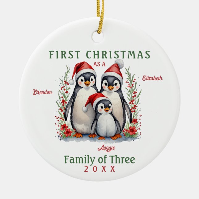 Penguins familj tre första jul julgransprydnad keramik (Framsidan)