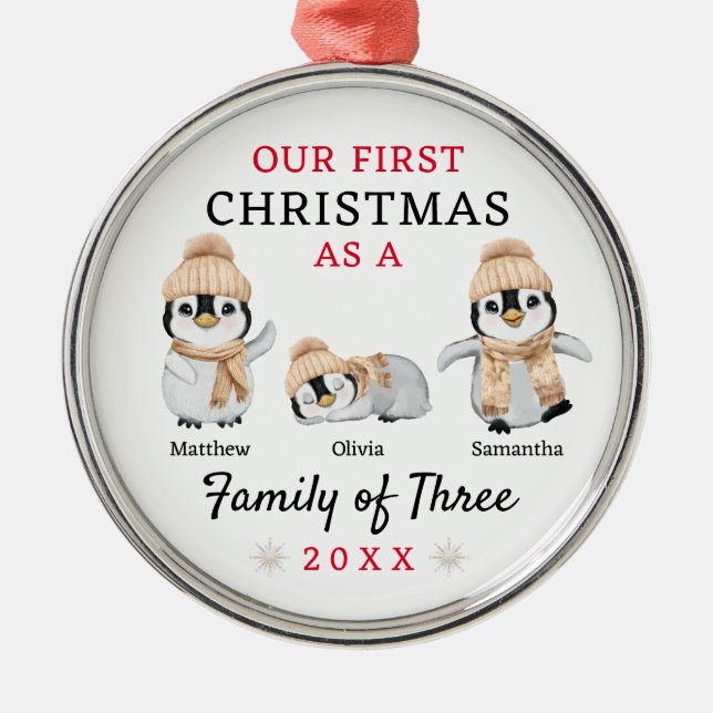Penguins familj tre första jul julgransprydnad metall (Framsidan)