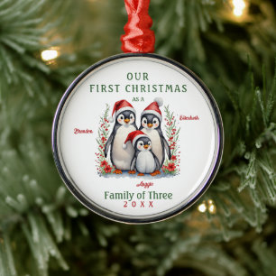 Penguins första julfamilj på tre julgransprydnad metall