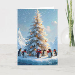 Penguins Gathering Around a Julgran Helgkort
