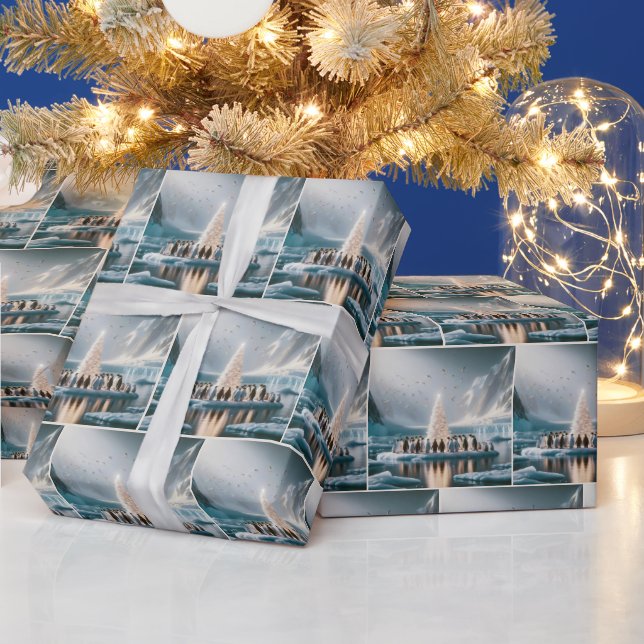 Penguins Gathering Around a White Julgran Presentpapper (Helgdagar)