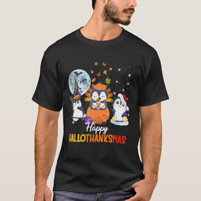 Penguins Halloween och God jul Lycklig Hallo T Shirt (Framsida)