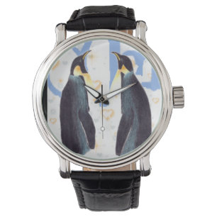 Penguins in Vintage Leather Strap Watch Armbandsur