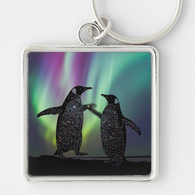Penguins key ring beautiful aurora design fyrkantig silverfärgad nyckelring (Framsidan)