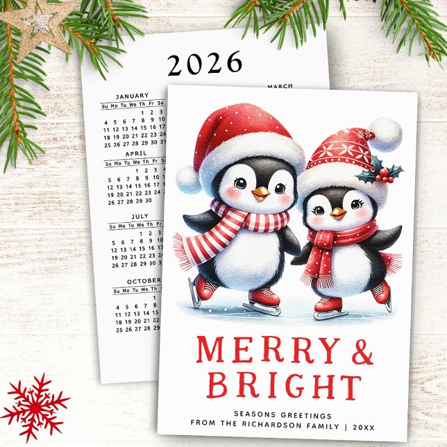 Penguins Merry Bright White Red Modern jul Julkort (Christmas Card with Cute Penguins, Merry & Bright Greetings and 2026 Calendar)