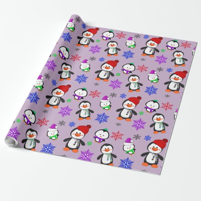 Penguins och Snöflingor Cute-julen Presentpapper (Utrullad)