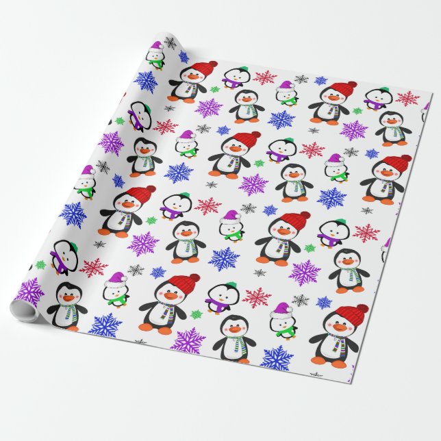 Penguins och Snöflingor Cute-julen Presentpapper (Utrullad)