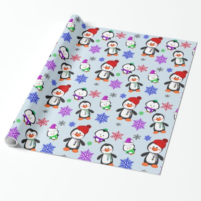 Penguins och Snöflingor Cute-julen Presentpapper (Utrullad)