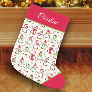 Penguins Red och Grönt Mönster Liten Julstrumpa