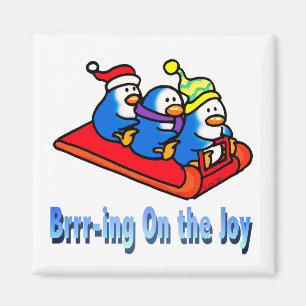 Penguins Sledding Winter Helgdag Scene Magnet