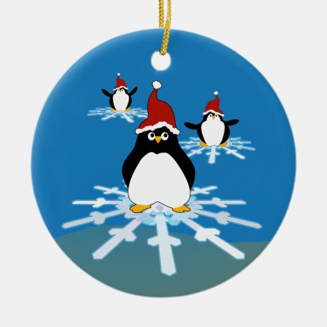 Penguins som flyger på en snöflinga julgransprydnad keramik (Framsidan)