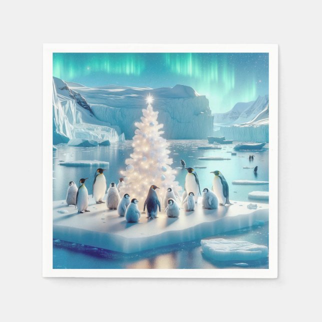 Penguins som samlas runt Julgran Pappersservett (Framsidan)