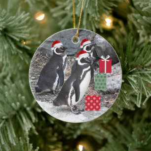 Penguins Wearing Red Santa Hats Helgdag Julgransprydnad Keramik